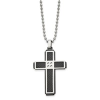 Stainless Steel Polished Black IP-plated Solid Carbon Fiber Cross Necklace view 2