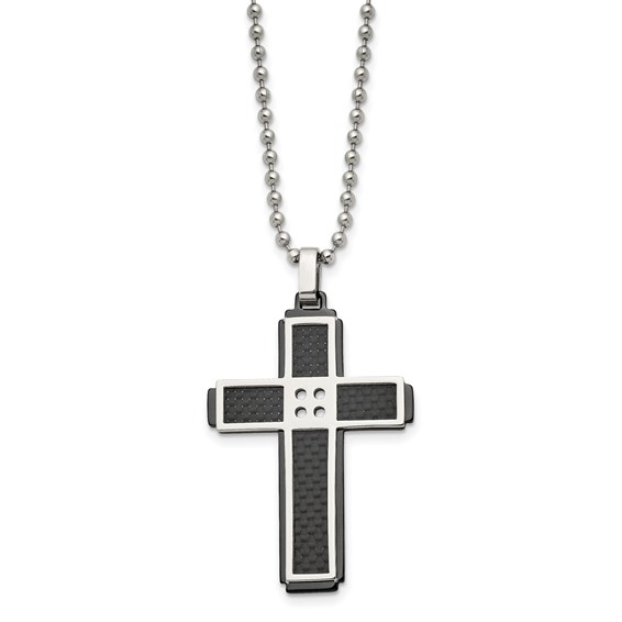 Stainless Steel Polished Black IP-plated Solid Carbon Fiber Cross Necklace