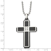 Stainless Steel Polished Black IP-plated Solid Carbon Fiber Cross Necklace view 3