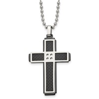 Stainless Steel Polished Black IP-plated Solid Carbon Fiber Cross Necklace view 1