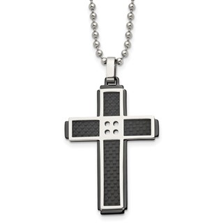 Stainless Steel Polished Black IP-plated Solid Carbon Fiber Cross Necklace