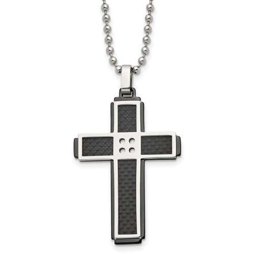 Stainless Steel Polished Black IP-plated Solid Carbon Fiber Cross Necklace