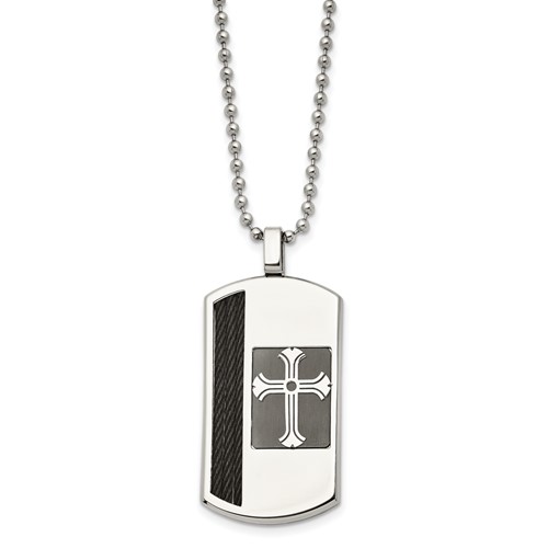 Chisel Stainless Steel Brushed and Polished Black IP-plated Cable Inlay Cross Dog Tag on a Ball Chain Necklace, 22"
