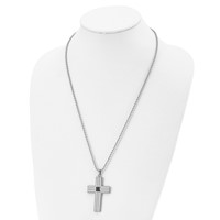 Chisel Stainless Steel Brushed and Polished Necklace with Square Black CZ Cross Pendant on a Ball Chain, 24" view 4