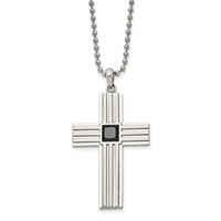 Chisel Stainless Steel Brushed and Polished Necklace with Square Black CZ Cross Pendant on a Ball Chain, 24" view 1