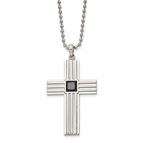 Chisel Stainless Steel Brushed and Polished Necklace with Square Black CZ Cross Pendant on a Ball Chain, 24"