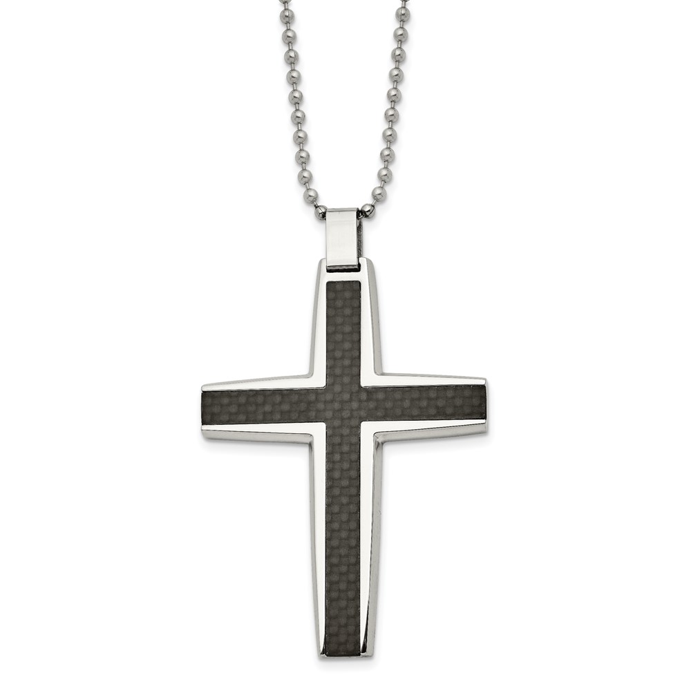 Stainless Steel Polished Black Carbon Fiber Cross Inlay 22in Necklace