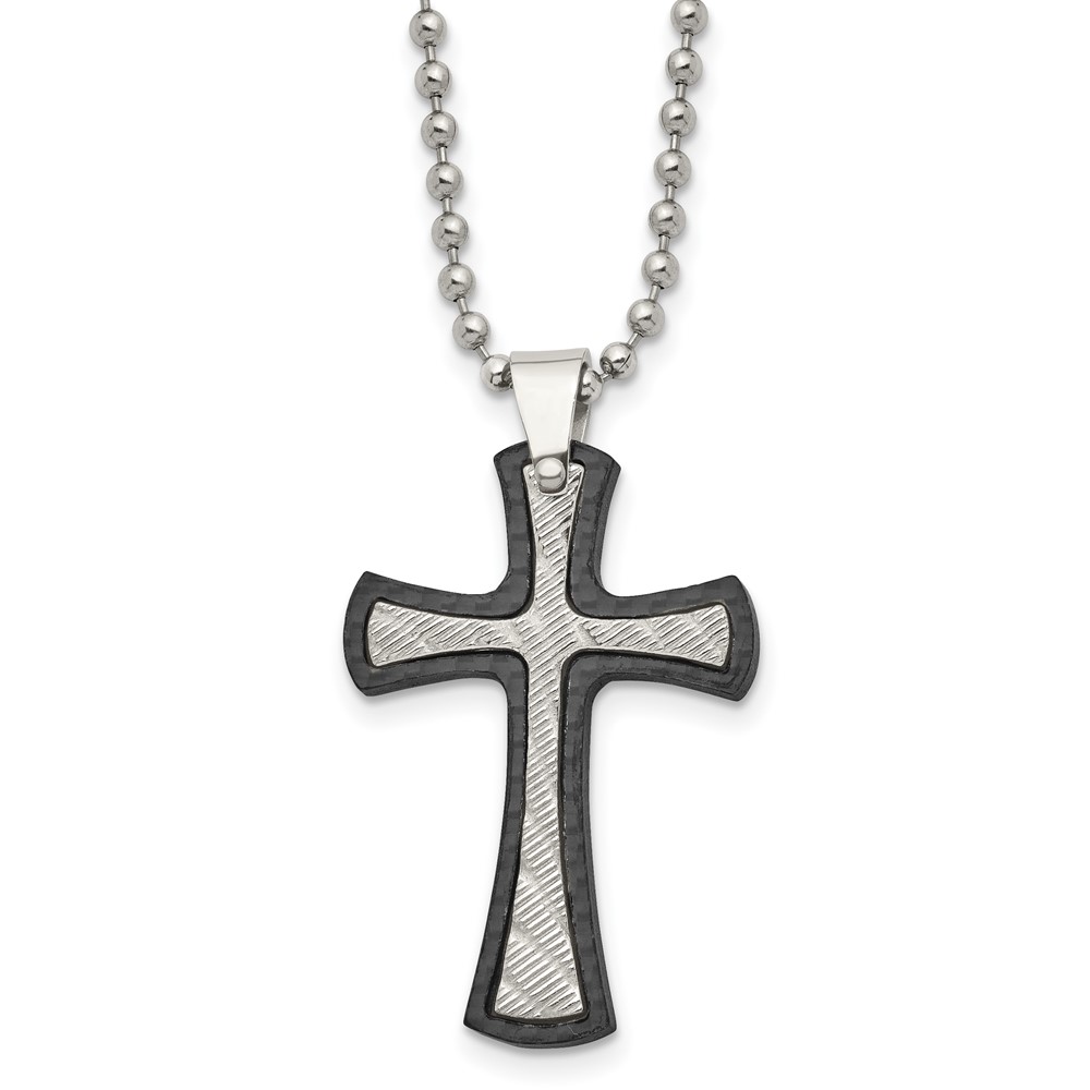 Stainless Steel Polished Textured Black Solid Carbon Fiber Cross 22in Neckl