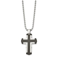 Stainless Steel Polished Solid Black Carbon Fiber Cross Necklace, 22" view 2