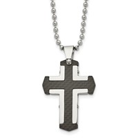 Stainless Steel Polished Solid Black Carbon Fiber Cross Necklace, 22" view 1