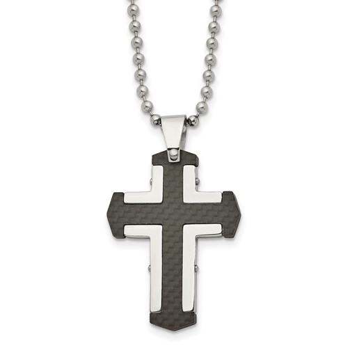 Stainless Steel Polished Solid Black Carbon Fiber Cross Necklace, 22"