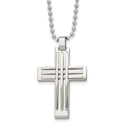 Chisel Stainless Steel Polished Cross Pendant on a Ball Chain Necklace, 22"