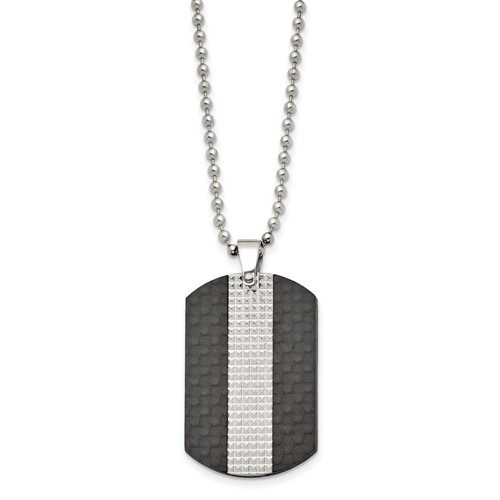 Stainless Steel Polished Black Solid Carbon Fiber & Textured Dog Tag, 22"
