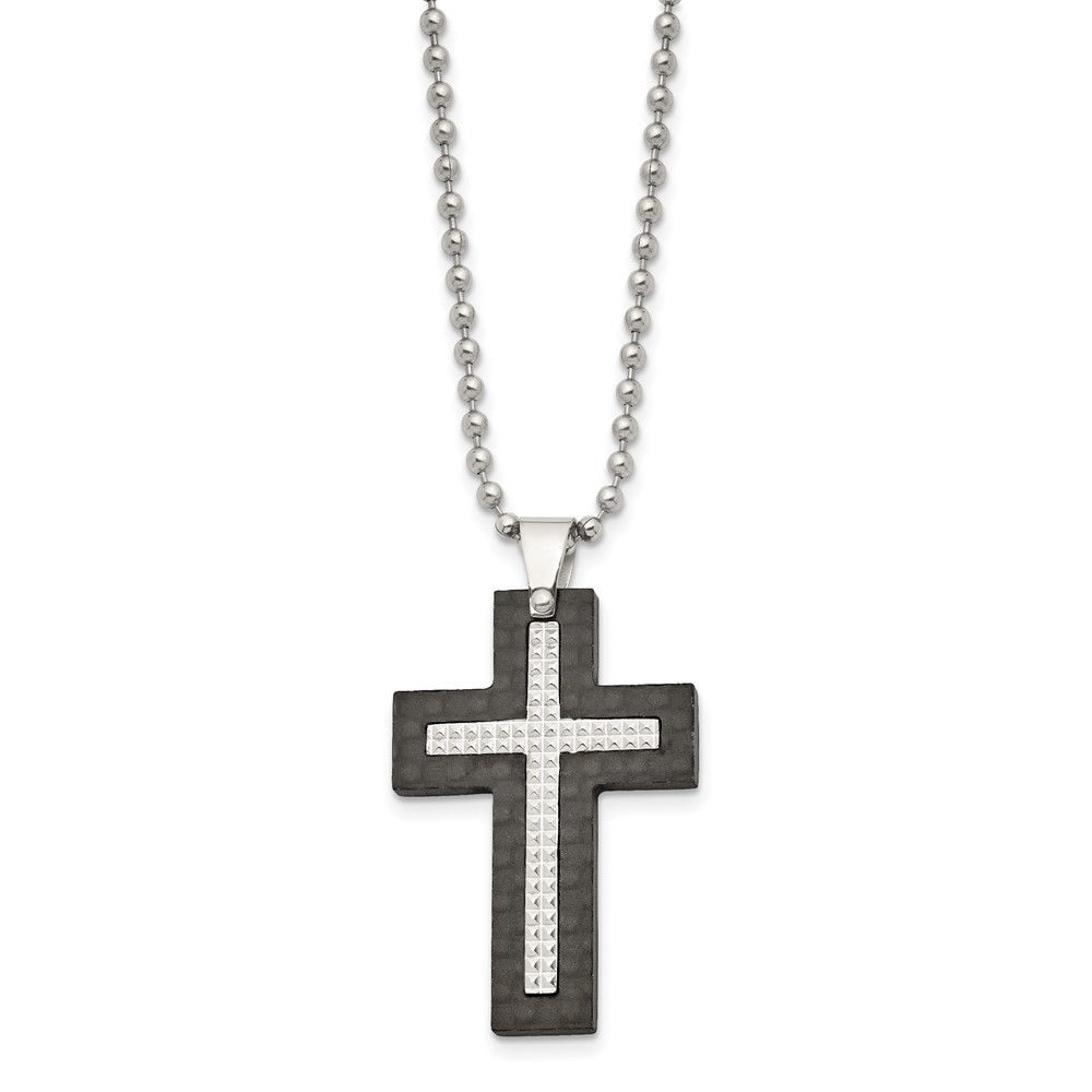 Stainless Steel Polished Studded Black Solid Carbon Fiber Cross Necklace