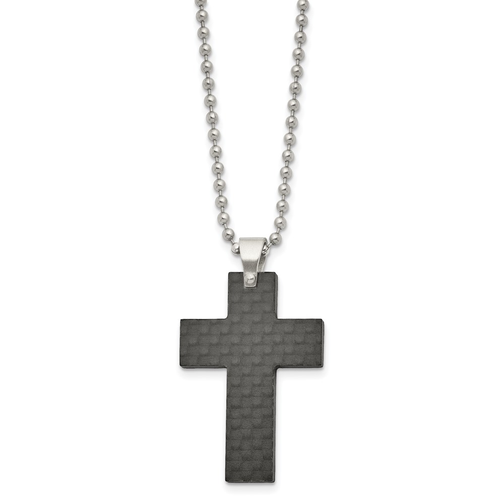 Stainless Steel Brushed Black Solid Carbon Fiber Cross 22in Necklace