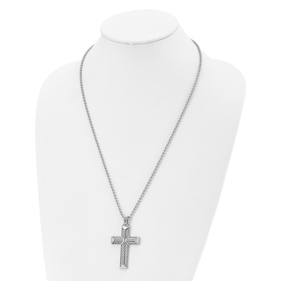 Chisel Stainless Steel Polished with Grey Carbon Fiber Inlay Cross Pendant on a 24 inch Ball Chain Necklace