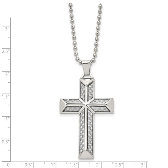 Chisel Stainless Steel Polished with Grey Carbon Fiber Inlay Cross Pendant on a 24 inch Ball Chain Necklace