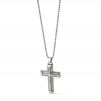 Chisel Stainless Steel Polished Necklace with Grey Carbon Fiber Inlay Cross Pendant on a Ball Chain, 24" view 5