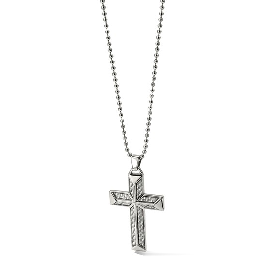 Chisel Stainless Steel Polished with Grey Carbon Fiber Inlay Cross Pendant on a 24 inch Ball Chain Necklace