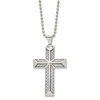 Chisel Stainless Steel Polished Necklace with Grey Carbon Fiber Inlay Cross Pendant on a Ball Chain, 24" view 1