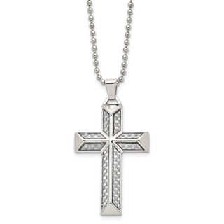 Chisel Stainless Steel Polished with Grey Carbon Fiber Inlay Cross Pendant on a 24 inch Ball Chain Necklace