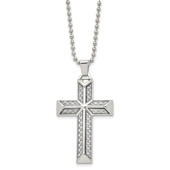 Chisel Stainless Steel Polished with Grey Carbon Fiber Inlay Cross Pendant on a 24 inch Ball Chain Necklace
