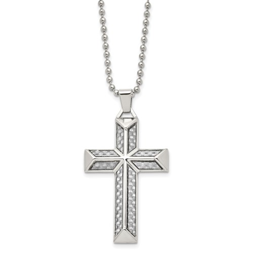 Chisel Stainless Steel Polished Necklace with Grey Carbon Fiber Inlay Cross Pendant on a Ball Chain, 24"