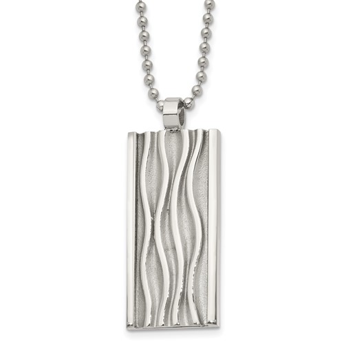 Chisel Stainless Steel Polished and Textured Wave Design Dog Tag on a Ball Chain Necklace, 22"
