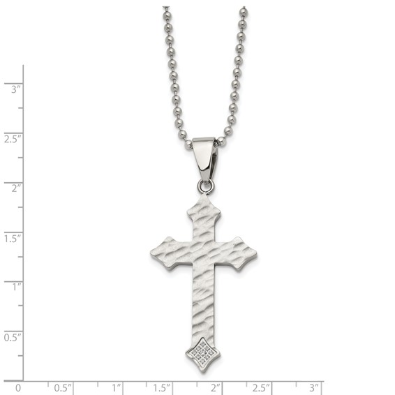 Chisel Stainless Steel Polished and Satin Hammered with CZ Cross Pendant on a 22 inch Ball Chain Necklace