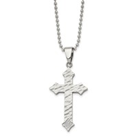 Chisel Stainless Steel Polished and Satin Hammered Necklace with CZ Cross Pendant on a Ball Chain, 22" view 1
