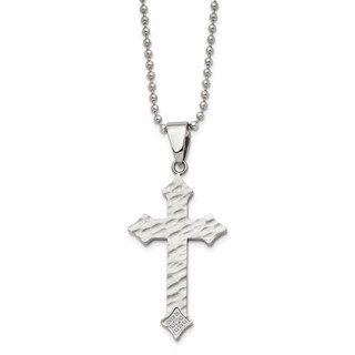 Chisel Stainless Steel Polished and Satin Hammered with CZ Cross Pendant on a 22 inch Ball Chain Necklace