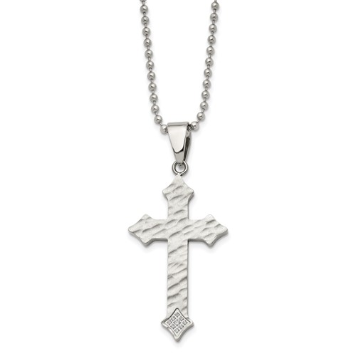 Chisel Stainless Steel Polished and Satin Hammered Necklace with CZ Cross Pendant on a Ball Chain, 22"