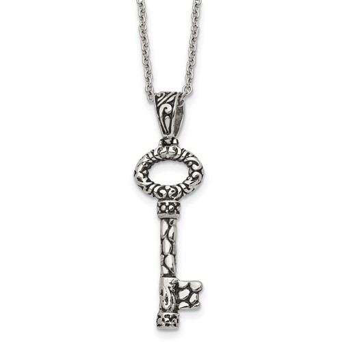 Stainless Steel Antiqued Polished and Textured Key Necklace, 22"