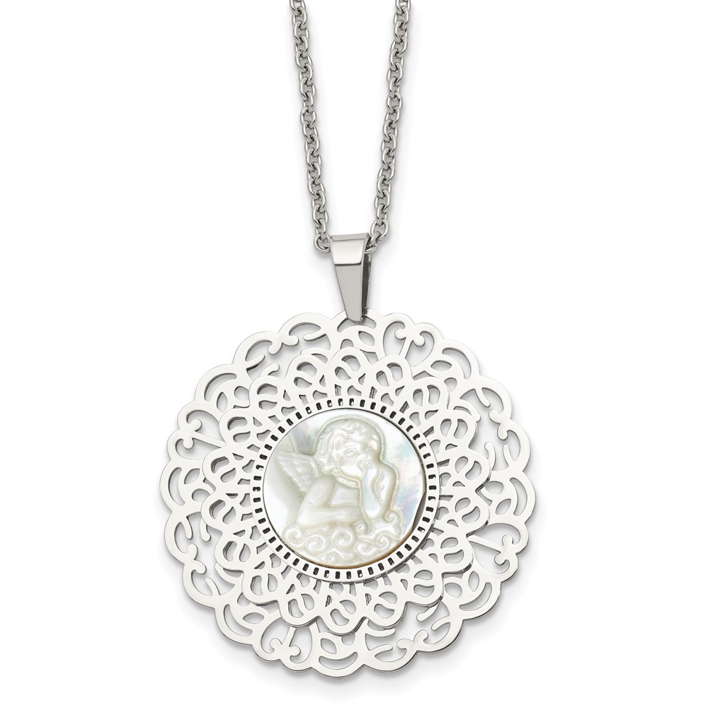 Stainless Steel Polished Mother of Pearl Angel 22in Necklace