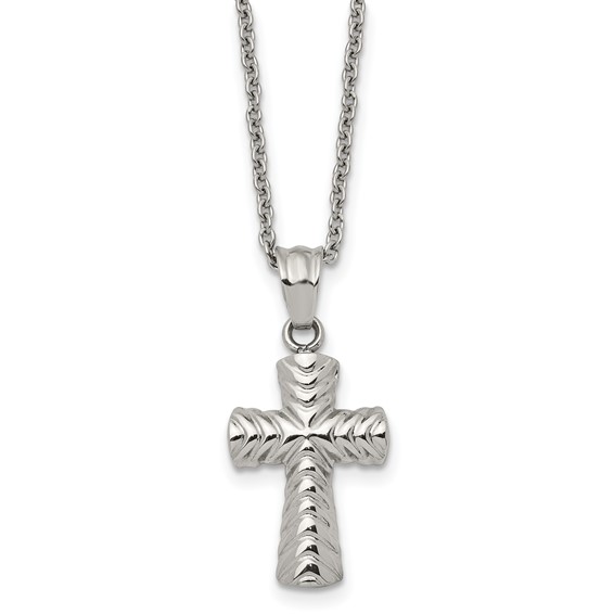Chisel Stainless Steel Polished and Textured Cross Pendant on a 22 inch Cable Chain Necklace