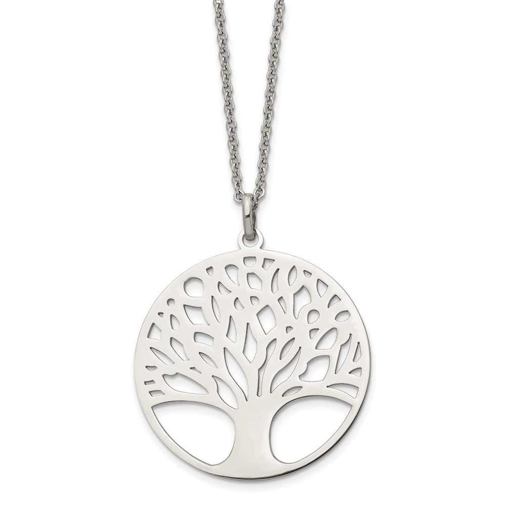 Stainless Steel Polished Tree of Life Cut-out Large Circle 24in Necklace