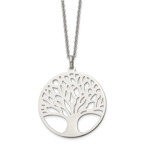 Chisel Stainless Steel Polished Tree of Life Cut-out Large Circle Pendant on a 24 inch Cable Chain Necklace