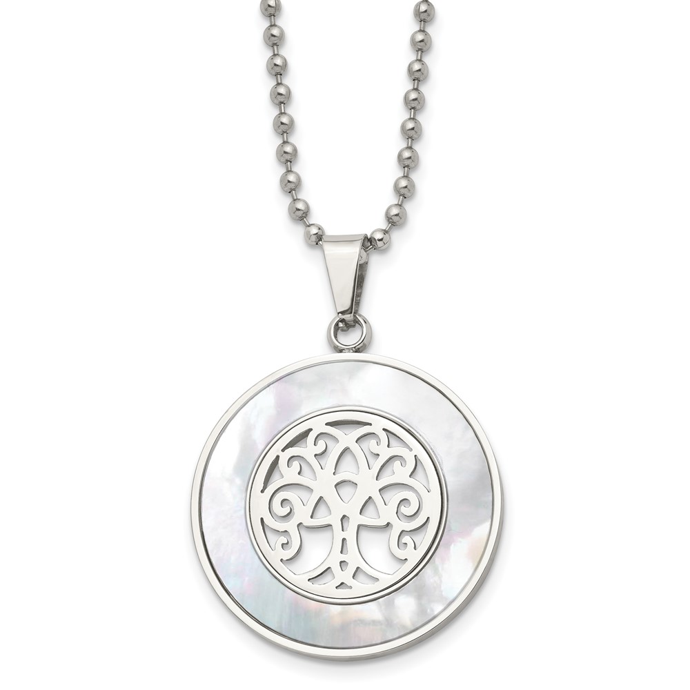 Stainless Steel Polished with Mother of Pearl Tree of Life 22in Necklace