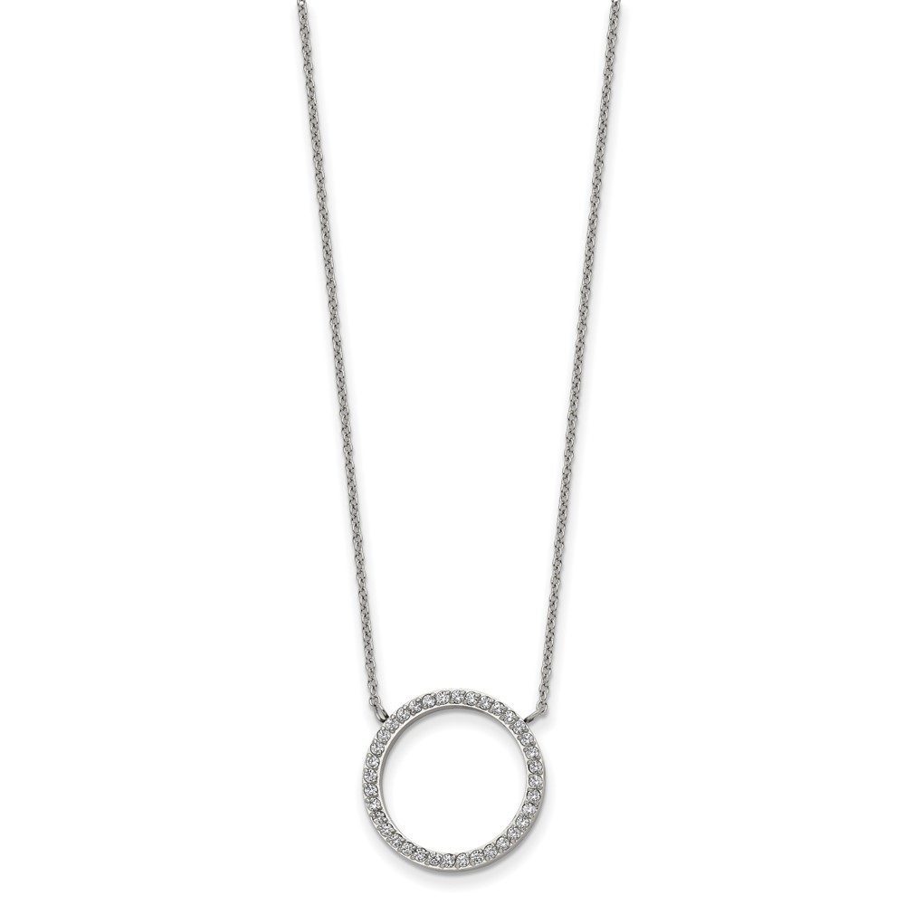 Stainless Steel Polished with CZ Circle 17in w/2.5in ext Necklace
