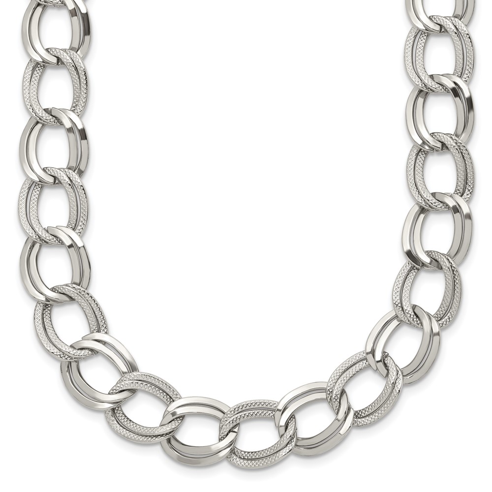 Stainless Steel Polished and Textured Link 17.5in Necklace