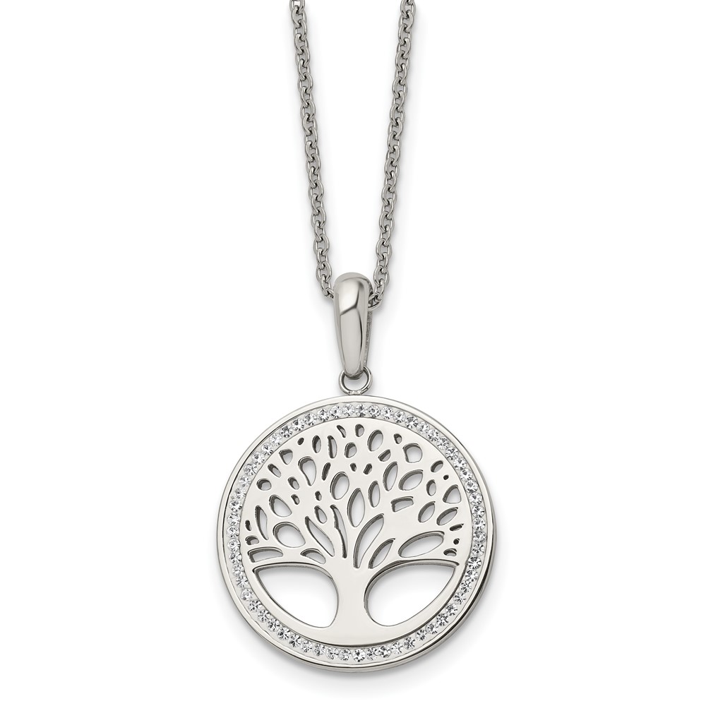 Stainless Steel Polished w/Preciosa Crystal Tree of Life w/2in ext Necklace