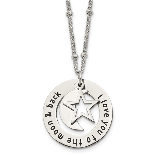 Chisel Stainless Steel Polished Enameled I Love You to the Moon & Back Necklace with Moon and Star Pendant on a Beaded Chain, 20"
