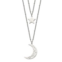 Chisel Stainless Steel Polished Beaded Star and Moon 2 Strand Curb Chain Necklace, 30" view 1