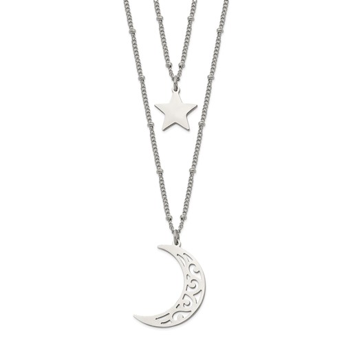 Chisel Stainless Steel Polished Beaded Star and Moon 2 Strand Curb Chain Necklace, 30"