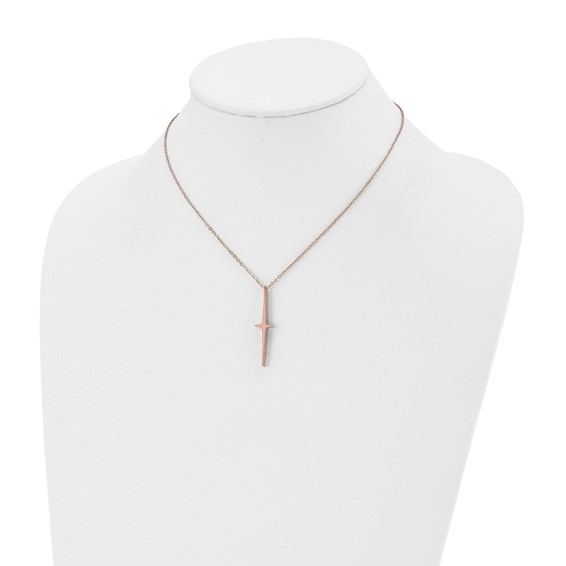 Chisel Stainless Steel Polished Rose IP-plated Cross Pendant on a 16 inch with 2 inch extension Cable Chain Necklace