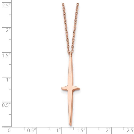 Chisel Stainless Steel Polished Rose IP-plated Cross Pendant on a 16 inch with 2 inch extension Cable Chain Necklace