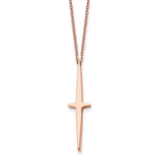 Chisel Stainless Steel Polished Rose IP-plated Cross Pendant on a 16 inch with 2 inch extension Cable Chain Necklace