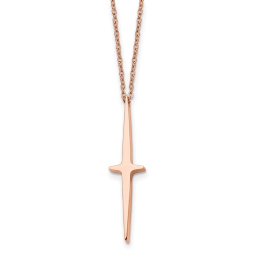 Chisel Stainless Steel Polished Rose IP-plated Cross Pendant on a Necklace with 2 Inch Extension Cable Chain, 16"
