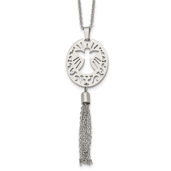 Stainless Steel Polished Angel w/Tassel Dangle 20in Necklace