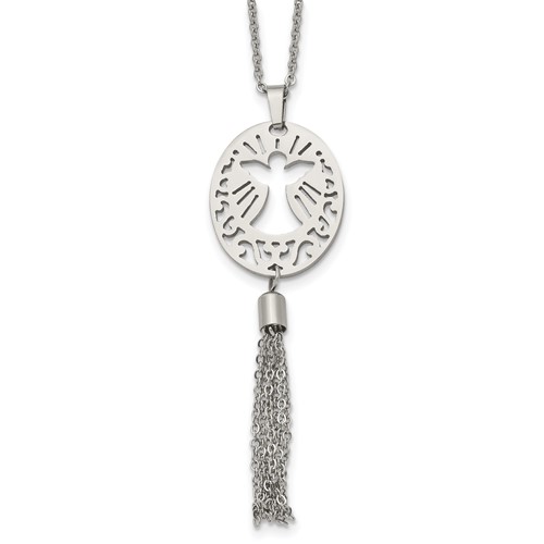 Stainless Steel Polished Angel Necklace with Tassel Dangle, 20"
